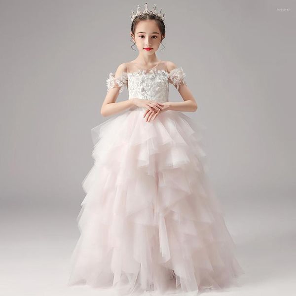 Kız Elbiseler Zarif Kız Kızlar Düğün Çeviri Elbise Moda Omuz Nakış Kapalı Tül Katmanlı Çocuk Prenses Top Bown