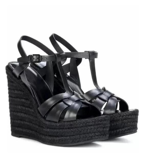 Moderne Damen-Keilsandalen aus Callfskin-Webart, chinesische Strick-Rattan-Gras-gewebte Keilblattschuhe, Sommershow, sexy Abendkleid-Hochzeitsschuhe, EU35–43