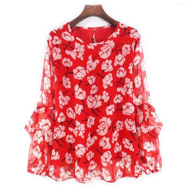 Blusas Femininas 2023 17mm Blusa de Seda Top Feminino de Alta Qualidade Pure XXL Camisa Estampada Vermelha Roupas Femininas de Verão