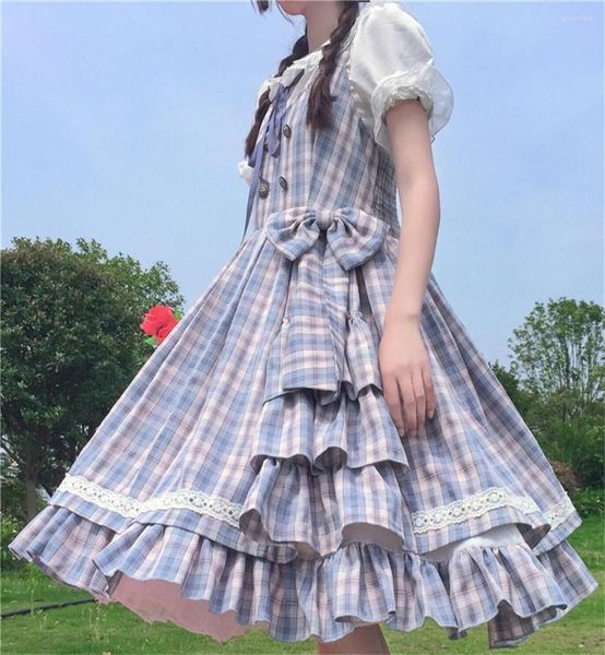 Vestidos casuais Vestido Lolita Feminino 2023 Japonês Doce Kawaii Bonito Verão Menina Macia Alça Espaguete Azul Babados Xadrez Feminino Senhora