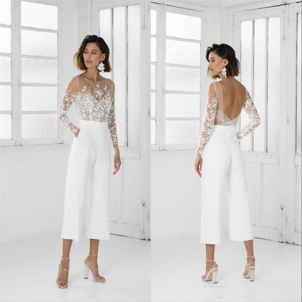 Abiti da sposa economici tuta sexy maniche lunghe collo trasparente senza schienale in pizzo con applicazioni di lunghezza del tè abito da sposa bohémien da sposa247D