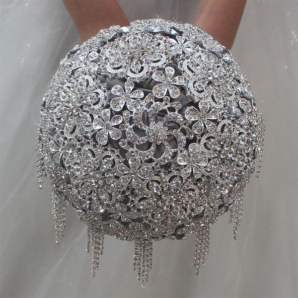 Graue Kristall-Hochzeits-Strass-Brosche, Braut-Brautstrauß, Satin-Blume, 18 cm, Neuankömmling, Hochzeitszubehör, 280 K