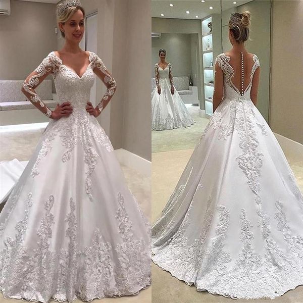 Modesto bianco manica lunga una linea abiti da sposa trasparente senza schienale con bottoni gioiello collo appliques lunghi abiti da sposa3038