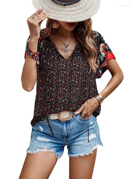 Camicette da donna stampa floreale estiva per donna moda scollo a V manica corta Boho Beach top casual donna taglie forti elegante camicia sottile