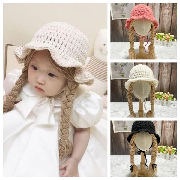 Chapéus 1-5 anos moda bebê meninas peruca trançada chapéu outono inverno lindo rabo de cavalo gorro feito à mão