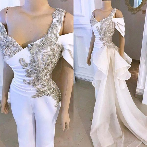2020 Luxuriöser Kristall-Hochzeitsoverall mit abnehmbarer seitlicher Schleppe, echtes Bild, schulterfreies, arabisches Schößchen-Brautkleid mit Hosenanzug305d
