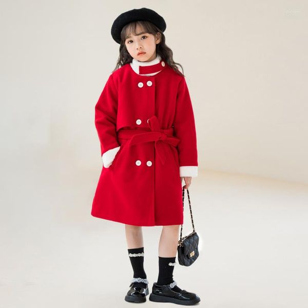 Giacche Ragazze Cappotto di lana 2023 Autunno Inverno Plus Fluff Collar Doppio petto trapuntato Capispalla rosso Natale Abbigliamento casual