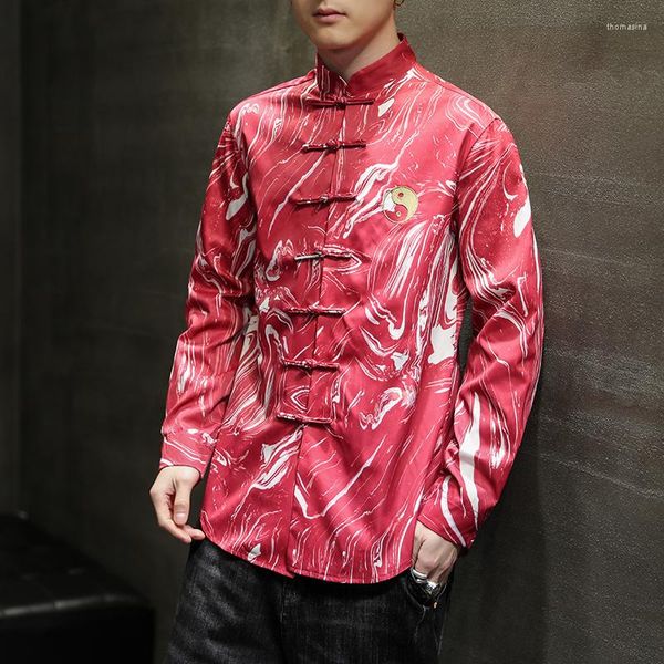 Etnik Giyim Sekiz Diyagram Erkekler İçin Baskılı Siyah Ceketler Mandarin Yakası Çin Geleneksel Kırmızı Tang Takım Toka Tasarımcısı 2023