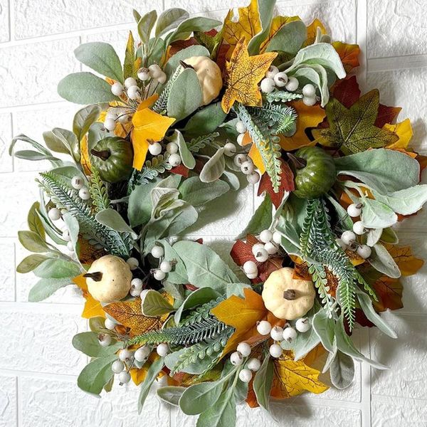 Fiori decorativi 40 cm Ghirlande autunnali Corona di fiori per porta Foglia d'acero autunnale Ghirlanda di bacche di zucca Decorazioni per esterni Raccolti artificiali