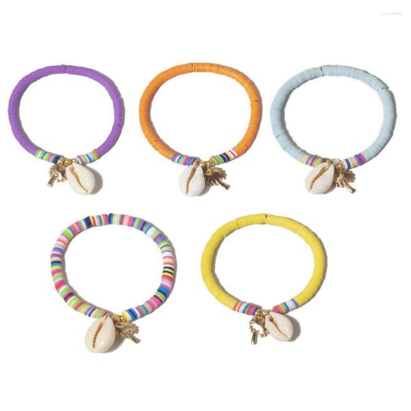 Charm-Armbänder Boho 6 mm mehrfarbige Polymer-Ton-Heishi-Perlen Zinklegierung Palmenanhänger Kauri-Muschel-Stretch-Armband Damen Sommer