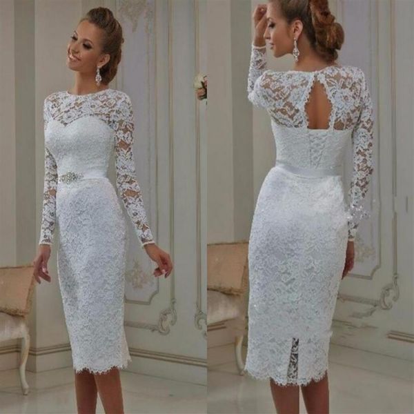 Abiti da sposa casual vintage informali lunghezza tè maniche lunghe in pizzo corto vestido de noiva guaina alta gioiello collo abiti da sposa236G