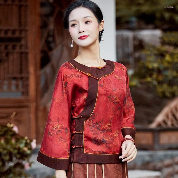 Ethnische Kleidung Cheongsam Damen Plus Size Tops 2023 Sommermode Echte Seide Drucke Spleißen Tradition Chinesischer Stil Qipao Hemden