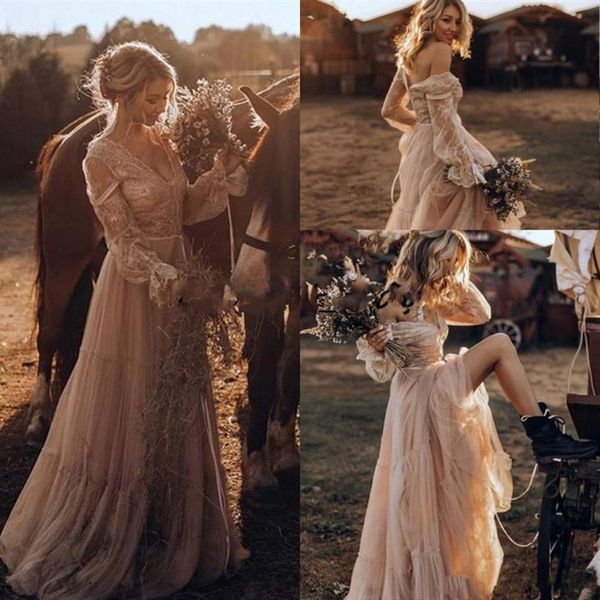 Vintage Country Western Brautkleider 2019 Spitze Langarm Gypsy Auffällige Boho Brautkleider Hippie-Stil Abiti da spos336z