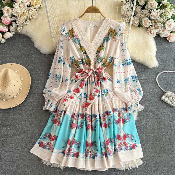 Vestidos casuais primavera novas mulheres rendas gancho flor costura vestido estampa floral com faixas fino decote em v manga longa senhoras vestidos brancos vestidos 2023