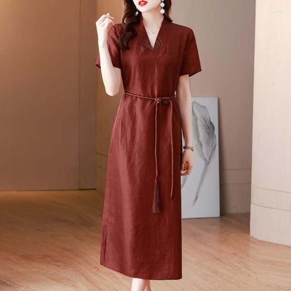 Vestidos casuais 2023 verão estilo chinês retrô seda vermelho nuvem fio feminino decote em v vestido bordado criança cintura com cordões