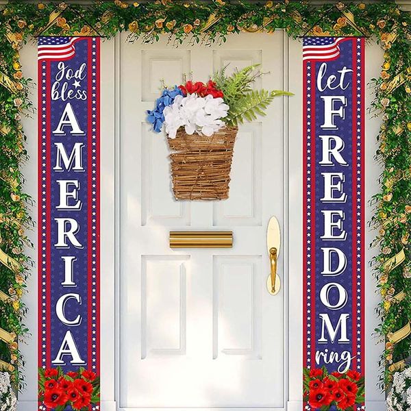 Flores decorativas Decorações de porta dos namorados Dia da independência americana Cesta de hortênsia vermelha, branca e azul, para pendurar na parede, sinais de guirlanda para