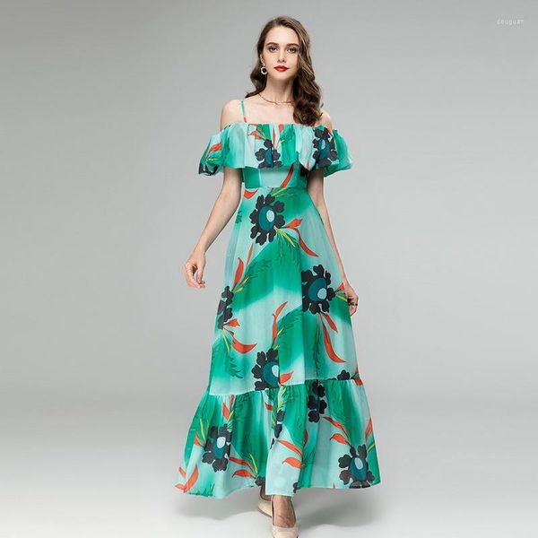 Lässige Kleider XXL Grünes Kleid 2023 Sommer Lotusblatt gedrucktes Wort brachte kreative hohe Taille trägerlos