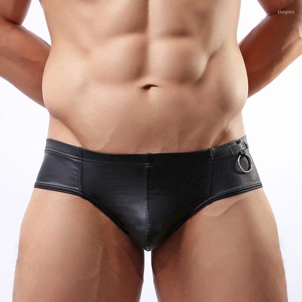 Mutande Fashion Slim Shorts Intimo da uomo in similpelle Cool Man Boxer Black Men Metal Ring Drop