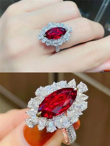 Cluster Rings Elegant Red Crystal Ruby Gemstones Diamonds Flowers For Women 14k White Gold Filled Silver Fine Jewelry Bijoux Bands Gifts