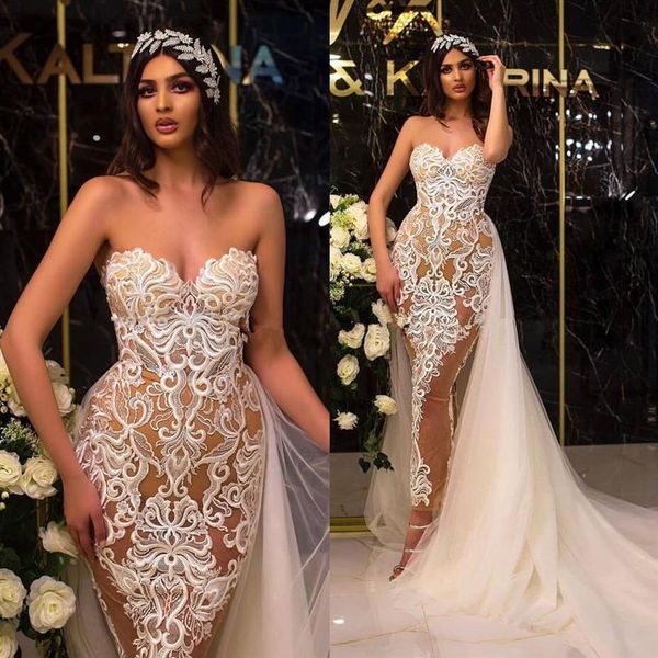 Vestidos De Novia Champagner Meerjungfrau Brautkleider 2021 Sexy Schatz Stickerei Spitze Brautkleider Mit Abnehmbarem Tüll Zug 223L