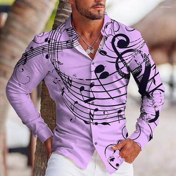 Camisas casuais masculinas primavera moda para homens impressão de nota musical botão grande manga comprida top roupas masculinas festa designer e blusas