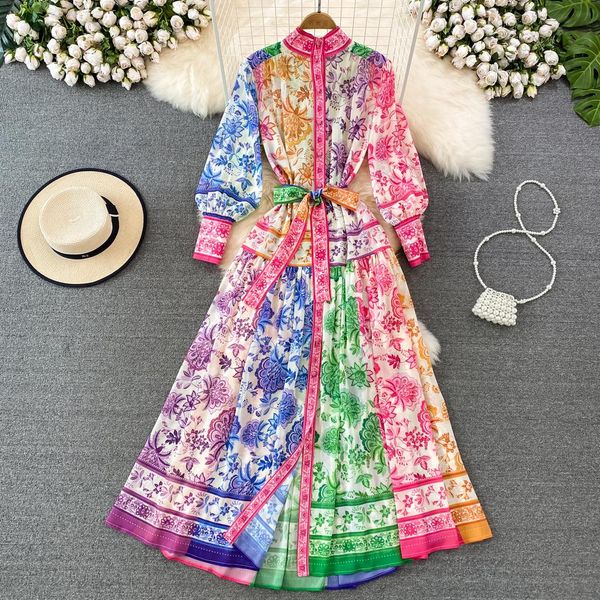 Vestidos casuais primavera feriado rosa maxi vestido mulheres roupas gola longa lanterna manga flor retro impressão cinto chiffon solto vestidos 2023