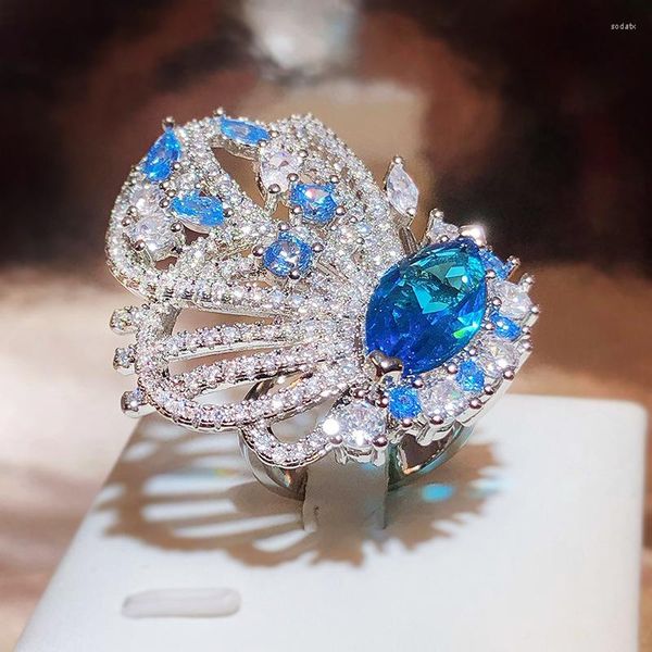 Cluster Rings Luxo Azul Safira Anel Charme Zircônia Cúbica Borboleta Casamento Para Mulheres Prata Esterlina 925 Pedra Jóias para Festas