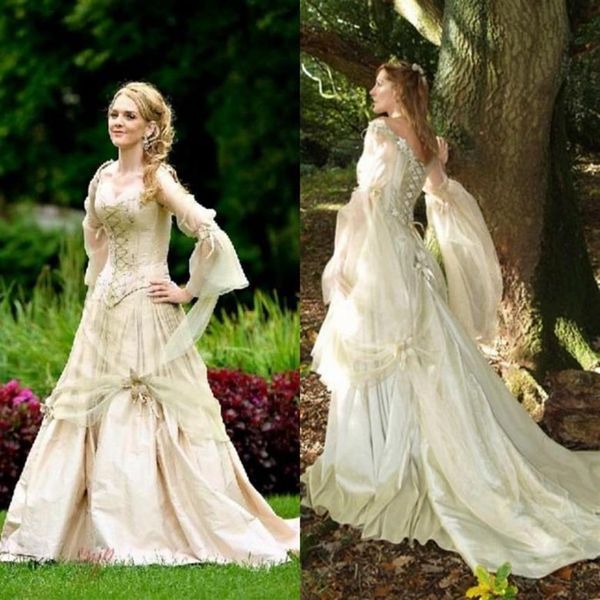 Abiti da sposa vintage gotici Principessa Corsetto Indietro Manica lunga Country Garden Abito da sposa Rinascimento celtico Cosplay Boho Brida2898