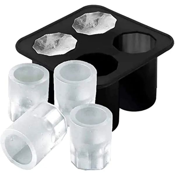 Стеклянная лоток из кубика с силиконовой линзой, 4 -й половой кубик для холодильника, многоразовый виски стеклянный кубик льда, каждый из которых содержит 1,3 дюйма из стеклянного стекла и подноса лета.