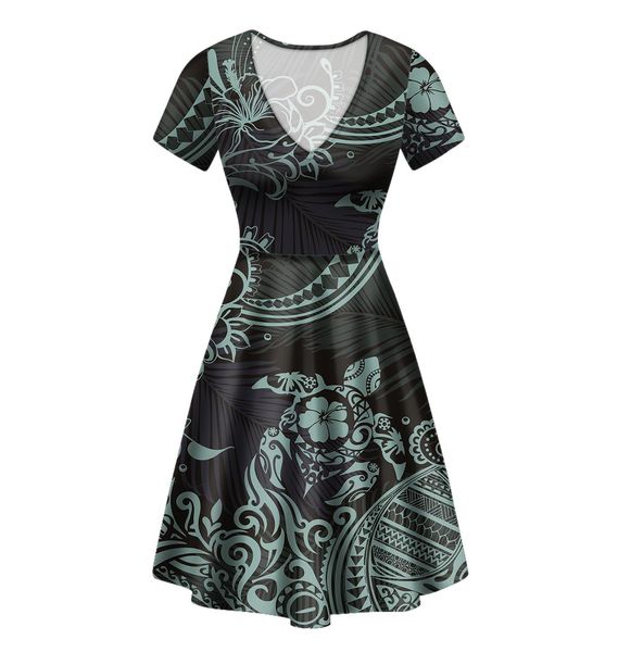 Kleider polynesischer Hawaiianer traditioneller Stammeskleidung Hibiscus Tattoo Druckkleider Frauen Sommer Kurzarm Korsett Kleid Lady Robe