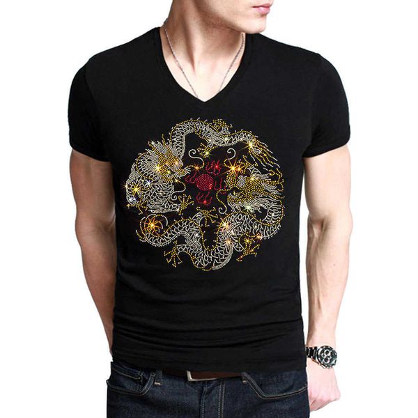 T-shirt alla moda con diamanti caldi per la parte superiore della maglietta a mezza manica con diamanti caldi del drago cinese di lusso da uomo