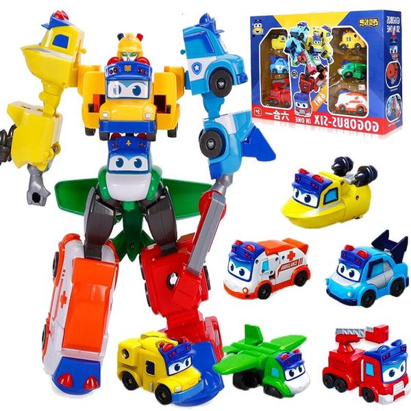 Giocattoli di trasformazione Robot 6 IN 1 ABS GGBOND Gogo Bus Trasformazione Giocattolo per auto Action Figures Ambulanza / Polizia / Scivolo per vigili del fuoco Giocattoli per bambini Regalo 230617