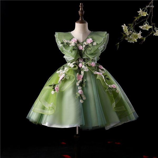 Abiti da ragazza Splendidi abiti da ballo per ragazze verdi Fiori Appliques Ruffles Princess Dress 3-12 anni Bambini Performance Party