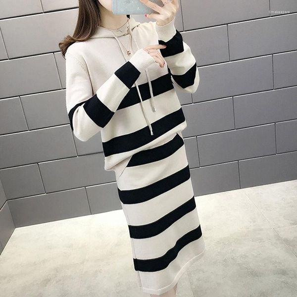 Frauen Pullover Elegante Bluse Rock Anzug Weibliche Selbst-anbau Nähte Herbst Winter Lose Gestreiften Gestrickten Pullover Kleid Zwei-stück