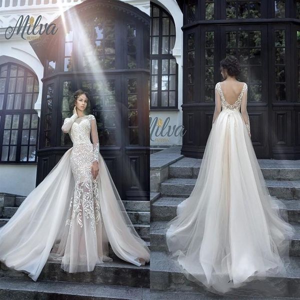 Splendidi abiti da sposa da sposa Milva Illusion maniche lunghe abito da sposa a sirena in pizzo con schienale basso con gonna staccabile303L