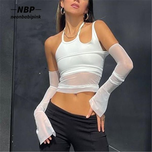 T-shirt NEONBABIPINK Sexy White Sheer Mesh Crop Top Magliette Ritaglio irregolare Halter Neck Falso in due pezzi Manica lunga Tees N33BD15