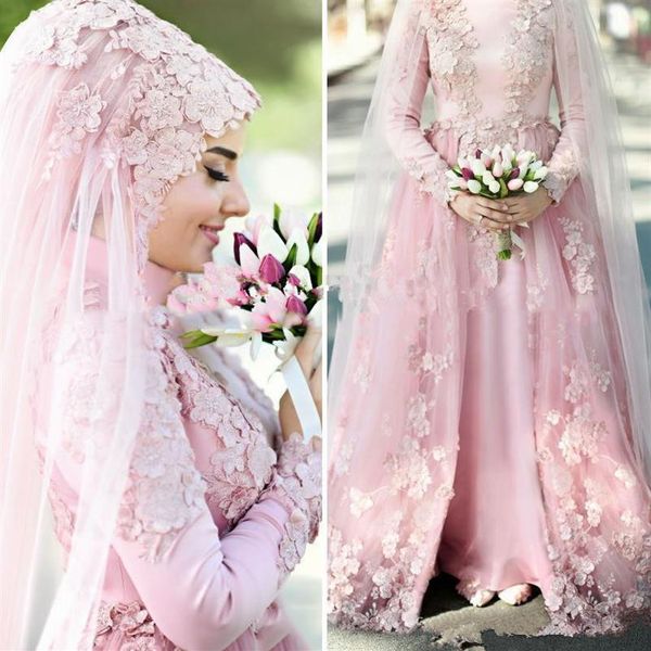 Vestidos de Noiva Muçulmanos Rosa Pérola Vestidos de Noiva 2021 Linha A Gola Alta Mangas Compridas 3D Renda Floral Dubai Árabe Sem Hijab Noiva 229c