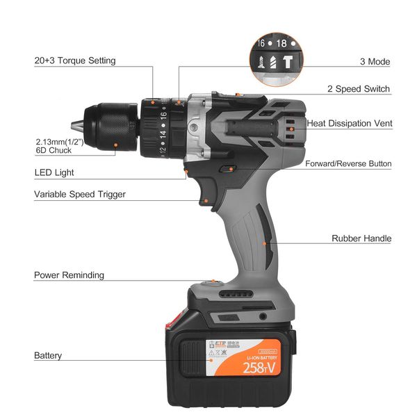 Boormachine 21V 6.0A Baterias Cordless Broca Driver Max Torque 200N.m Velocidade Variável Impacto Hammer Broca Chave de fenda com PlasticTool Caixa