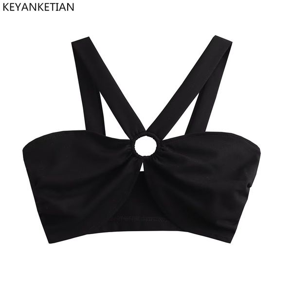 Regata Feminina Camis KEYANKETIAN Summer Hollow Out Ring Fivela Sexy Espartilho Suspensório Sweetheart Estilo Ultra Curto Colete Preto 230617