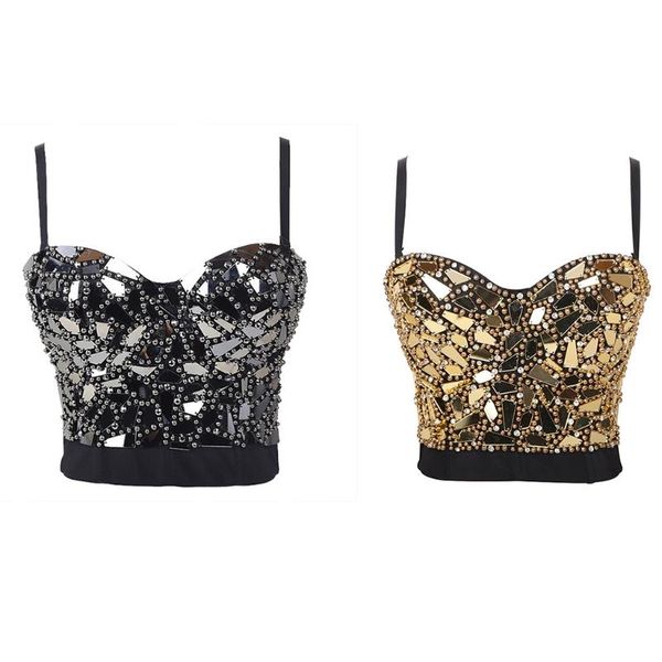 Maglietta da donna glitter gioielli glitter bustier reggiseno sexy paillettes a specchio sexy spaghetti cinghia spinta in canotta con corsetto calibri canotta rave gocciola