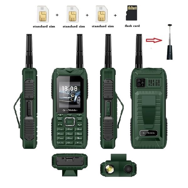 Langlebiges Outdoor-Handy mit großer Leistung, flexible Antenne, gutes Signal, vier Sim-Karten, Powerbank, Schnellwahl-Taschenlampe, MP3-FM-Taschenlampe, Lautsprecher, älteres Mobiltelefon