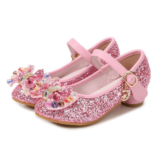 Высокая пятка для девочек 2023 Новая весенняя детская детская хрустальная обувь принцесса, корейская версия большие дети, модные туфли для девочек маленькие девочки