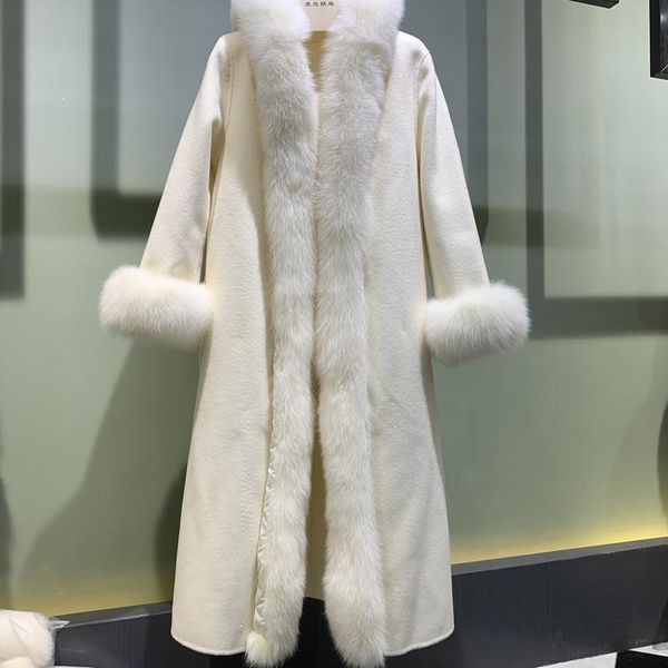 Pele furyoume 2023 inverno feminino casaco de pele real xlong jaqueta de caxemira com cinto natural gola de pele de raposa carcela punhos streetwear