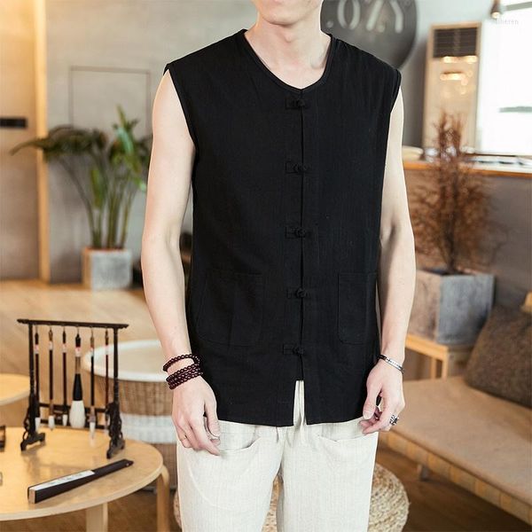 Roupas étnicas tradicionais chinesas para homens blusas de linho de algodão verão sem mangas estilo masculino estilo Hanfu 10997