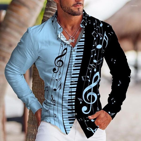 Camisas casuais masculinas vintage fashion superdimensionadas para homens botão com estampa de piano manga comprida blusas roupas masculinas para férias e blusas