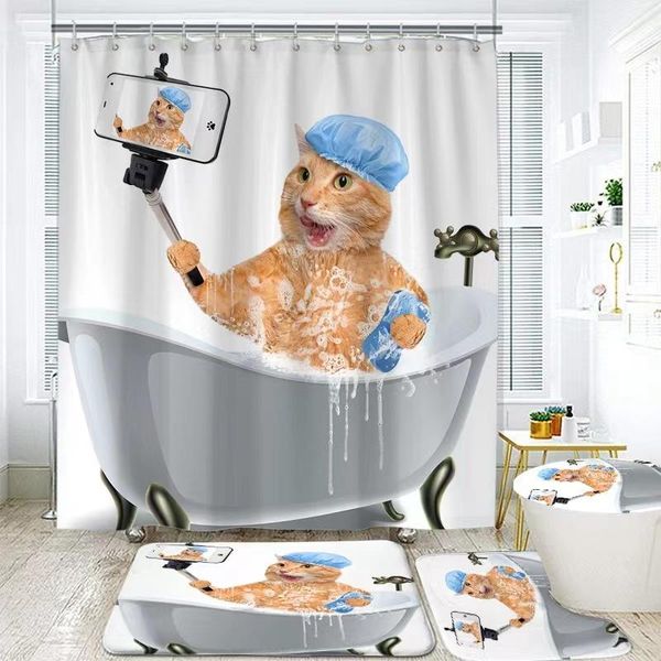 Tende Yak Milk Cow Cat Series Tende da doccia Creative Cartoon Accessori per il bagno Set di tappeti e tappetini per tende da bagno addensati impermeabili