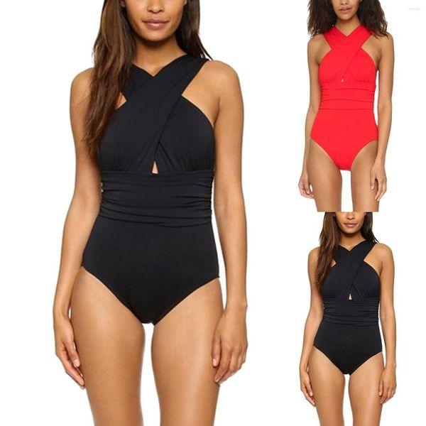 Costumi da bagno da donna Costume da bagno intero Donna Sexy Fasciatura incrociata Vita alta Imbottito Solid Backless Bikini Halter Tankini Costume da bagno femminile