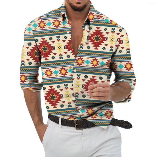 Camisas casuais masculinas impressão geométrica 3D padrão primavera verão camisa manga longa respirável lapela botão design formal havaiano