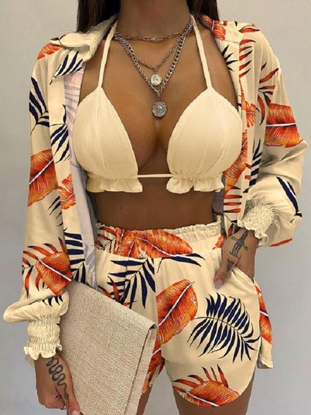 Abito estivo da spiaggia moda camicia a maniche lunghe + pantaloncini tascabili + reggiseno con lacci con volant top set da 3 pezzi abiti stampati abiti sexy da donna 2022