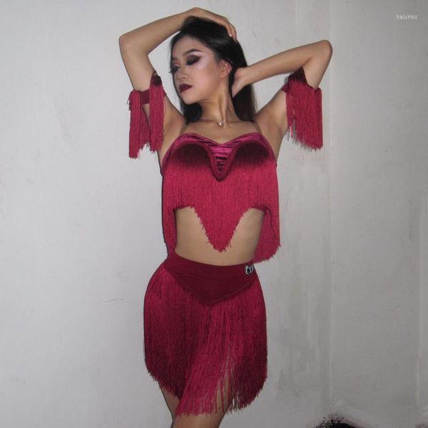 Costume da ballo latino da donna Costume da ballo rosso con frange complete gonna per adulti Samba Rumba Chacha Abbigliamento da competizione SL8561